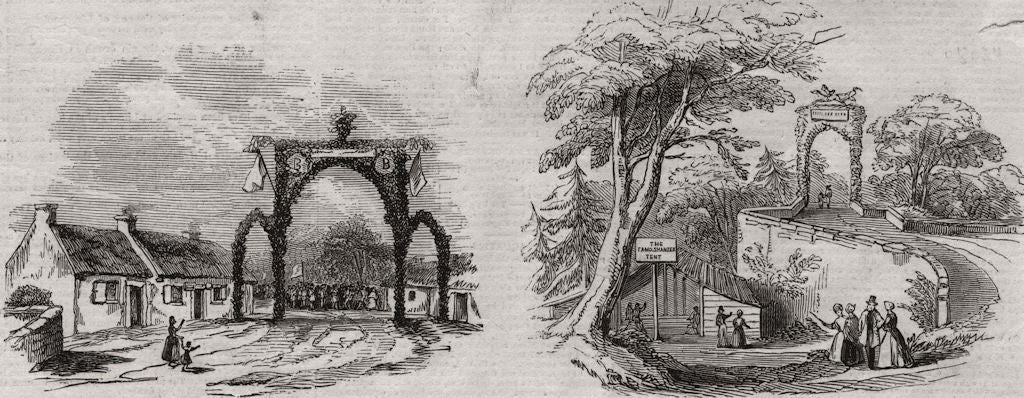 Arch near Burns' Cottage; arch on the new Brig of Doon. Scotland 1844 print